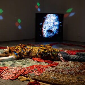 Jompet Kuswidananto, ‘Subterranean Thunder #1’, 2023, Fabrics, resin, wood, iron structured mannequin, broken glass, 50 x 500 x 350 cm. Image from Artsy