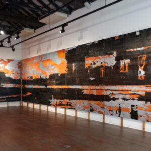 Ubatsat, ‘White Eel in the Dawn of the Exile’, 2020, Silkscreen on wood panel, 263 x 684 cm (168 pieces). Image from Warin Lab Contemporary