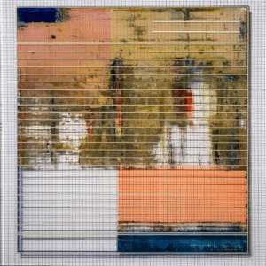 Aditya Novali, '(writing line icon | name square) orange blue', 2018, paint on plexiglass, wood, multi board, zinc plate, single-channel video in augmented reality, 56 × 41 × 3.5 cm. Photo from ROH