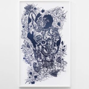 Antonius Tin Bui THAT A MOMENT CAN BE A MONUMENT THAT THE MONUMENTAL CAN BE THIS MOMENTARY 2022 hand cut paper ink and paint 193 x 106.7 cm. Image from moniquemeloche