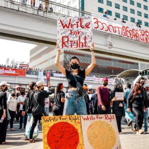 Chuu Wai Nyein, 'Write for Right', 2021, Artist standing in front of the Sule bridge in Yangon, Myanmar, Image courtesy of the artist