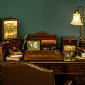 Donna Ong, 'Letters From the Forrest', 2014, Desk, leather chair, wooden boxes, cut illustrations and various other objects, 160 x 100 x 150cm, Image courtesy of the artist