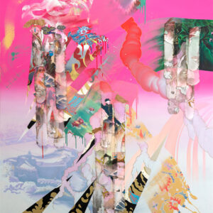 Lien Truong, 'That Mimetic Waltz of the Moirai', 2018, oil, silk acrylic, antique 24k gold leaf, obi thread embroidery by Vu Van Gioi, laser etched linen on canvas, 182.88 x 243.84 x 6.35 cm. Image from Joan Mitchell Foundation