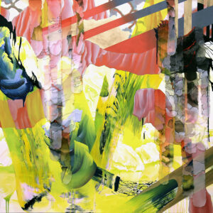 Lien Truong, 'The Integrity of Enduring a Garden'. 2019, oil, silk acrylic, antique Japanese obi mourning cloth on canvas, 152.4 x 182.88 x 6.35 cm. Image from Joan Mitchell Foundation