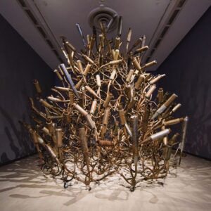 Made Wianta, 'Air Pollution', 2014, motorcycle exhaust pipes, stainless pipes, 250 x 300 x 300 cm. Image from Ocula