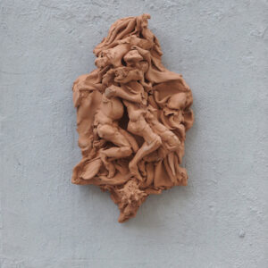 Ruben Pang, Brave Men Run (In My Family), 2021, ceramic relief on painted fir panel, 50 x 40 x 18 cm Image courtesy of Yavuz Gallery