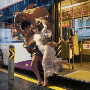 The Next Most Famous Artist, 'Couple dramatically avoiding the rain', Digital collage, Image courtesy of the artist