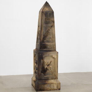 Tuan Andrew Nguyen, 'Mile 00 Everywhere OR Replica of Bataan Death March Marker Mile 00', 2019, hand carved gmelina wood, 151 x 42 x 42 cm. Image from ArtReview