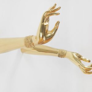 Tuan Andrew Nguyen, 'Nothing Is Ever Lost, Nothing Ever Gained', 2022, brass from artillery shells mounted on black stainless steel, 80 x 80 x 60 cm. Image from James Cohan