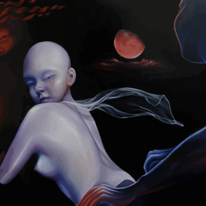 Vanessa Liem, 'Race to the Moon', 2021, oil on canvas, 91 x 121 cm. Image from Cuturi Gallery