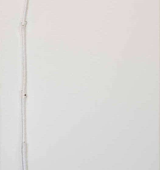Woong Soak Teng, 'trying to straighten a branch #1', 2022, canvas branch, white yarn, pine wood, 91.44 x 30.48 x 3.5 cm. Image from Artsy