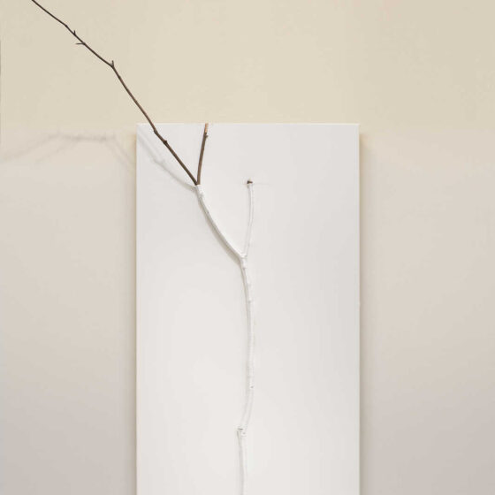 Woong Soak Teng, 'trying to straighten a branch #6', 2022, canvas branch, white yarn, pine wood, 115 x 67.5 x 3.5 cm. Image from Artsy